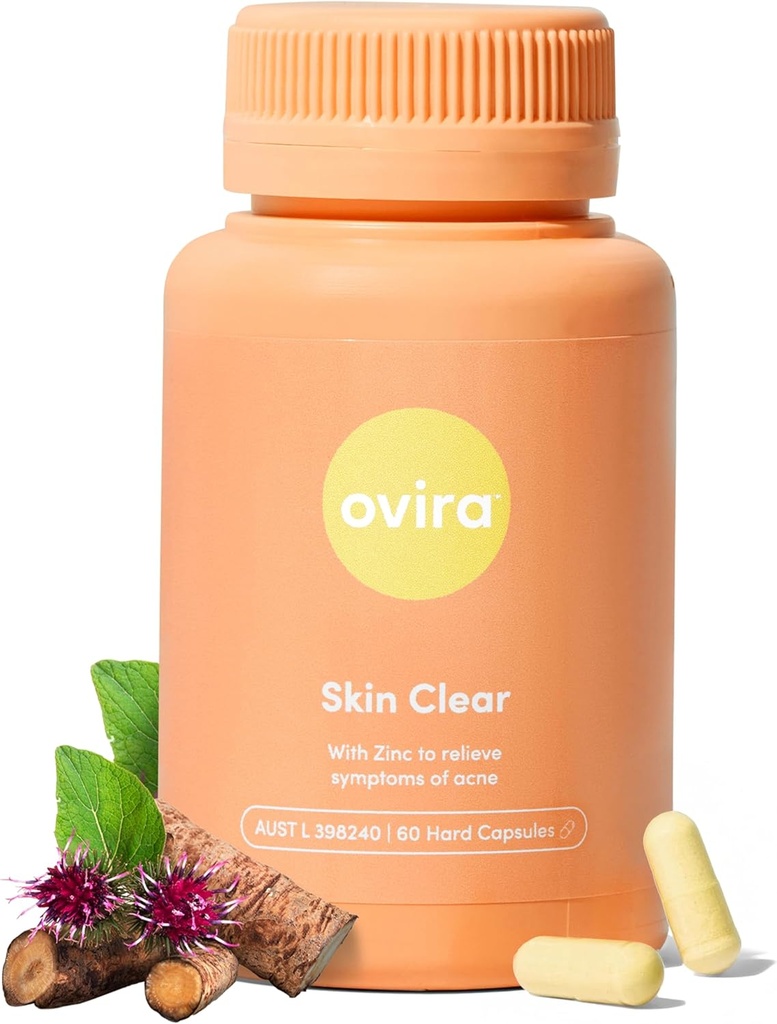 Ovira Skin Clear with ZINCBRIGHT - 60 캡슐 Clear & Glowing Skin | Rosacea & Hormonal Acne Treatment with Vitamin C | Support Collagen Production | 여성용 여드름 보조제 및 남성용 팩 1