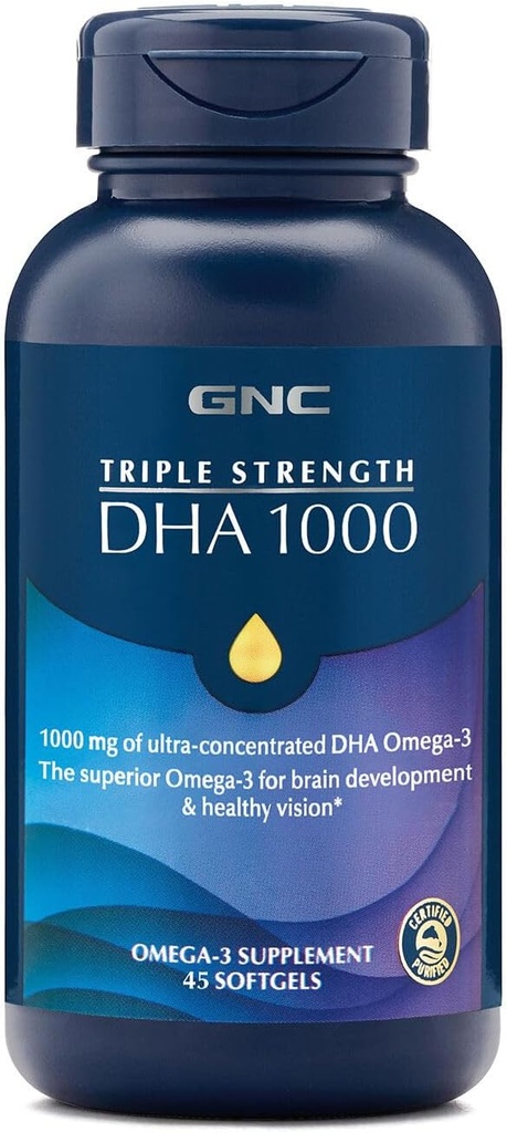 GNC 트리플 강도 DHA 1000 오메가 3 보충교재, 1000mg DHA, 지원 뇌 발달 및 건강한 시각, 45 Softgels