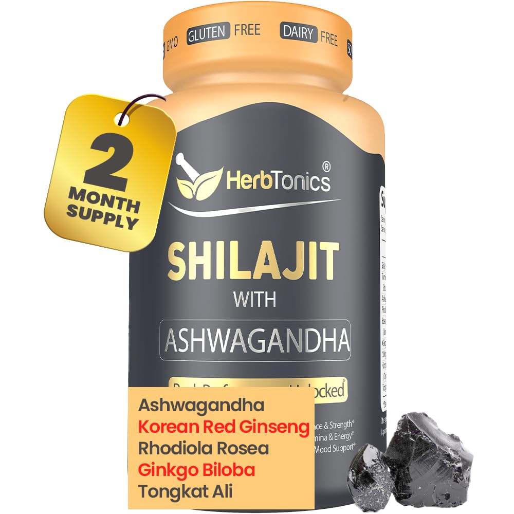 허브토닉 슐라지트 남성 & 여성용 Ashwagandha, Korean Red Ginseng, Rhodiola Rosea, Ginkgo Biloba, Tongkat Ali | Stamina & Immunity의 Fulvic 산 & 추적 미네랄 | 60 Vegan 캡슐