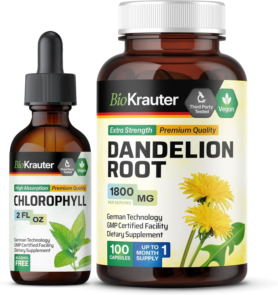 BIO KRAUTER Chlorophyll Tincture 2 Fl. Oz. & Dandelion 100 캡슐