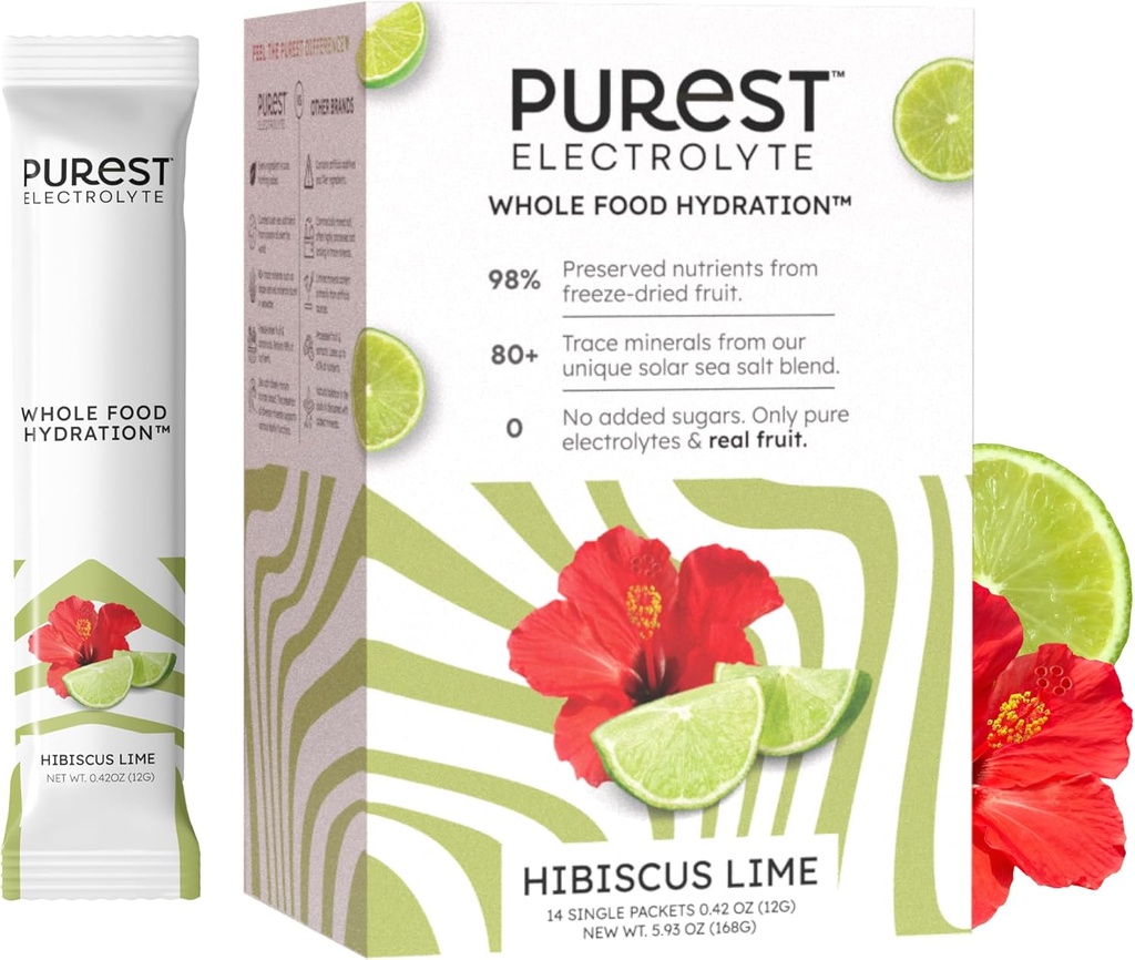 Brainer Purest Electrolyte Hibiscus Lime Powder Packets - 전체 음식 Hydration - 궁극적 인 전자 균형을위한 유기 동결 건조 과일 및 태양 바다 소금