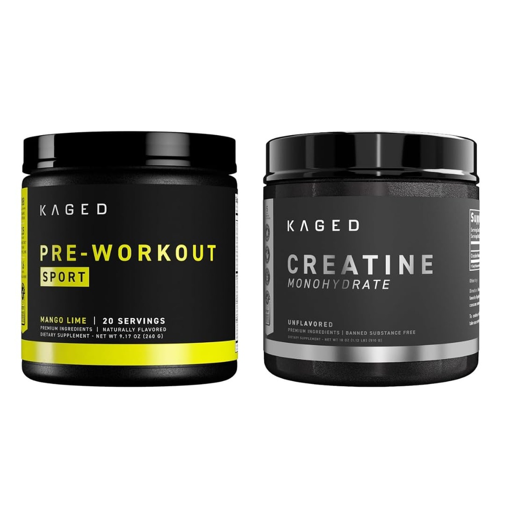 Kaged 전 스포츠 전 운동 분말 Mango Lime Creatine Monohydrate Micronized 분말 뭉치, 에너지 & 근육 회복 보충교재 팩, 20 서빙 전 운동 + 100 서빙 Creatine