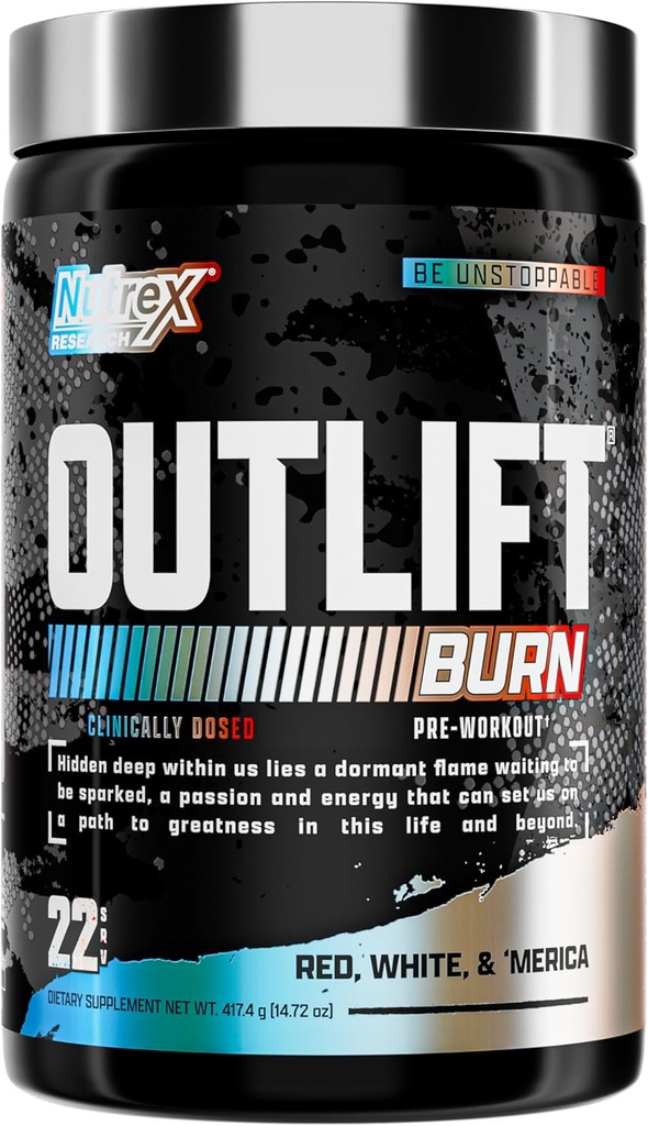 Nutrex Outlift Burn Pre-Workout Supplement for Energy, Focus & Endurance | Metabolyte, L-Citrulline, Beta-Alanine & Caffeine | 성능(22 인스 타 그램, 레드 화이트 메리카)