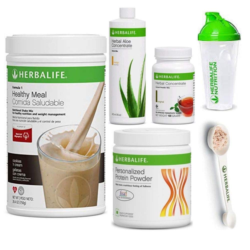 Herbalife Shake 건강한 식사 키트 | 쿠키 및 크림 포뮬러 1 + 허브 알로에 (만고) + 허브 티 농축 + 단백질 분말 + 쉐이커 컵 & 스푼