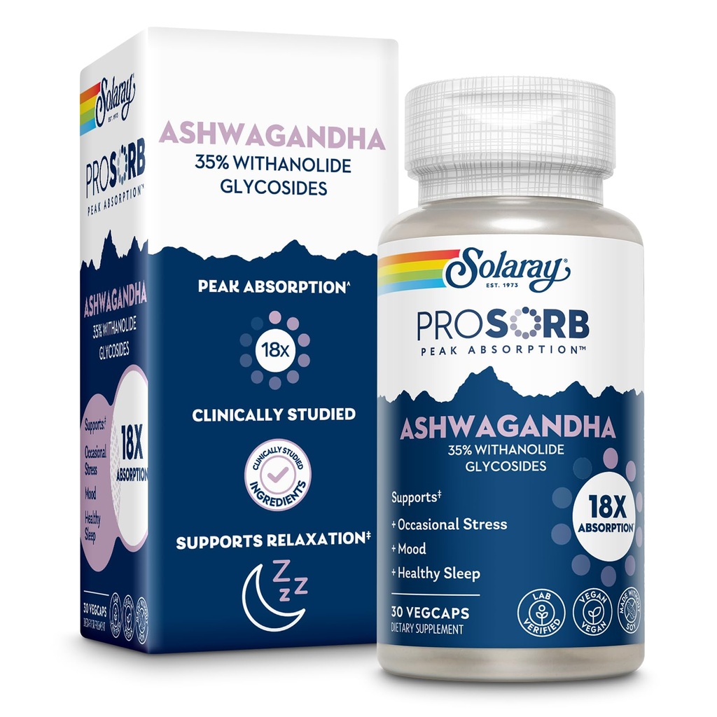 SOLARAY Ashwagandha 캡슐 18X 흡수 - Ashwagandha 뿌리와 잎 추출물 240 mg - Occasional 스트레스 완화 및 무드 지원 보충교재 - Vegan, 60 일 보증 - 30의 서빙, 30의 VegCaps