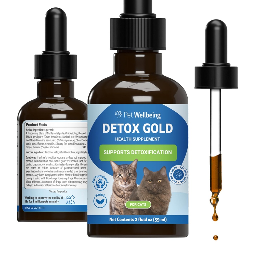 고양이를위한 애완 동물 웰빙 데톡스 골드 - Gentle Detoxification & Elimination Support, Immune System Care, Nettle, Blessed Thistle, Burdock Root - 수의식 공식 초본 보충 2 oz (59 ml)