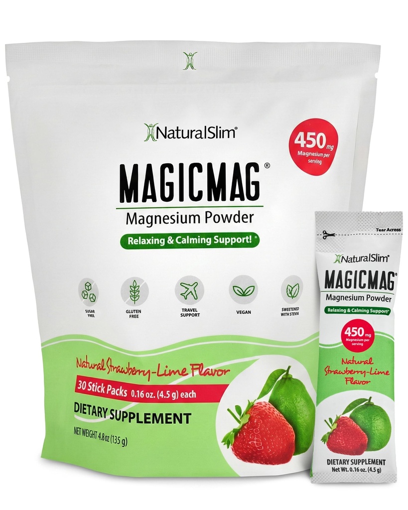 NaturalSlim MagicMag Magnesium Packets 30 스틱 팩 마그네슘 시트 레이트 분말 – 스트레스, 변비, 근육, 심장 건강, 수면 지원 | 천연 딸기 및 라임 맛 마그네슘 보충