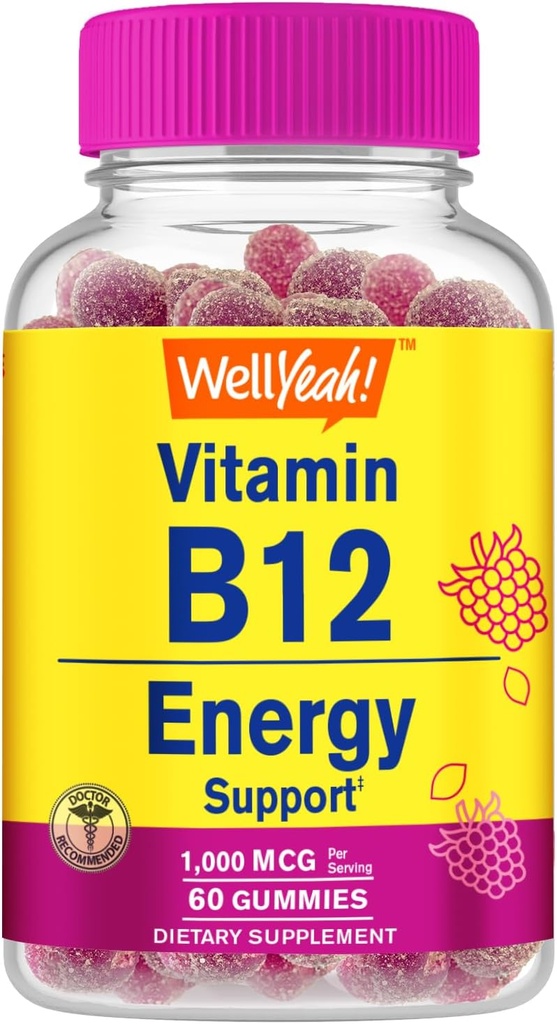 WellYeah 비타민 B12 1000mcg Gummies - 에너지, 계류, 대사 및 면역 체계 지원 - Vegan 친절하고 글루텐 자유로운, GMO 자유롭고 의사 추천 - 60 Gummies