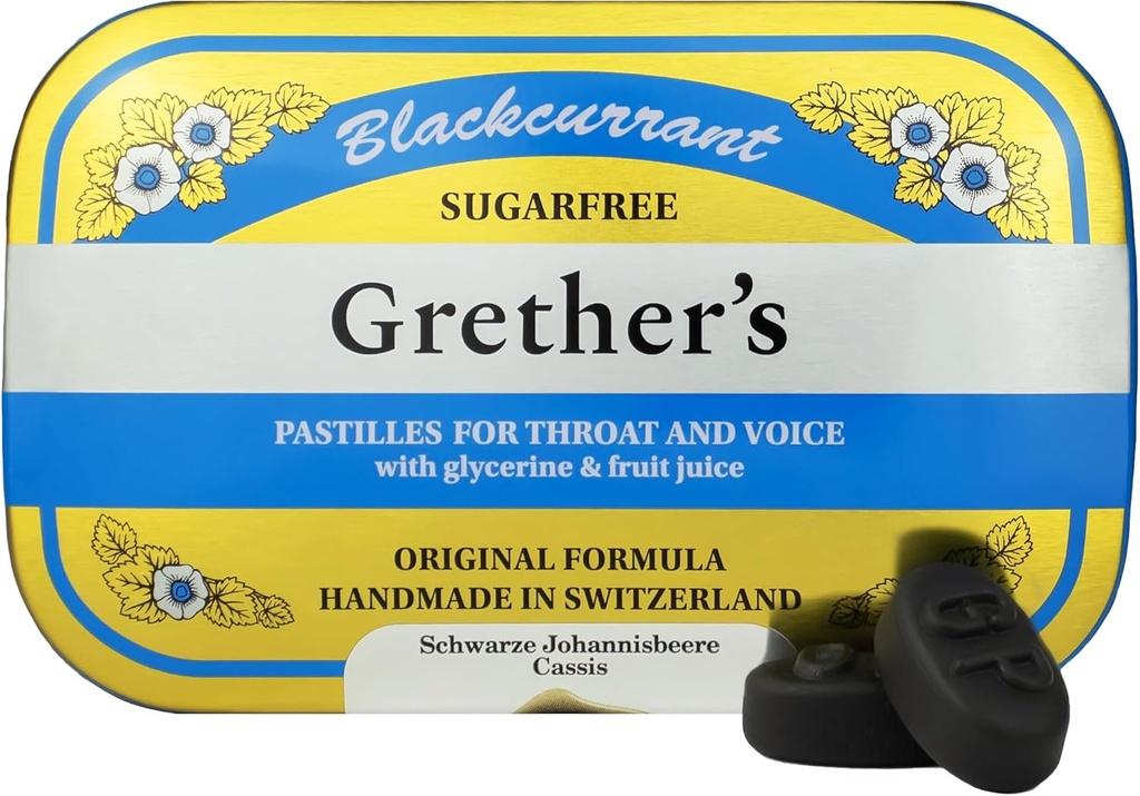 GRETHER'S Sugarfree Blackcurrant Pastilles - 자연적인 건조한 입 기복 - 진정 목 & 건강한 목소리 - 가수를 위한 선물 - 3.75 oz. 1 팩