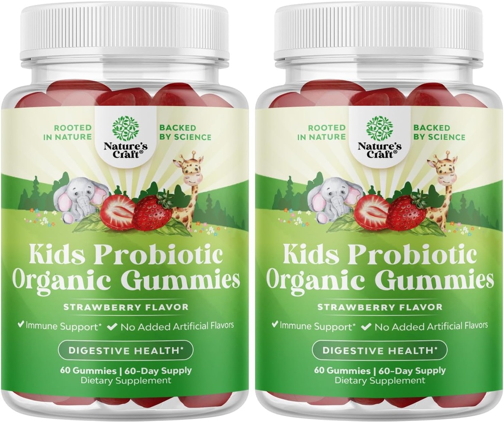 Nature Craft USDA Organic Probiotic Gummies for Kids - 면역 및 소화 건강을위한 Vegan Non-GMO Kids Probiotic Gummy 비타민 - Gentle 2.5B CFU Organic Probiotics Strawberry 풍미 (4 개월)