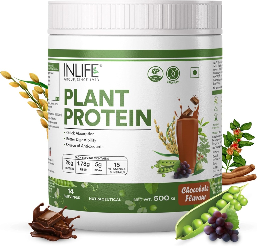 생명 식물 단백질 분말 - 완두, Quinoa & 브라운 쌀 - 25g Protein - Ashwagandha, Green Tea & Grape Seed Extract - 보충 (500g, 초콜렛)