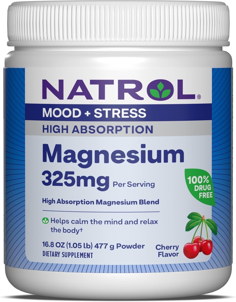 Natrol 마그네슘 325 mg의 높은 흡수 마그네슘 글리세라이드 및 탄산염 혼합은 칼을 돕기 위하여 몸, Cherry-Flavored 분말의 16.8 OZ, 90 까지 일 공급합니다