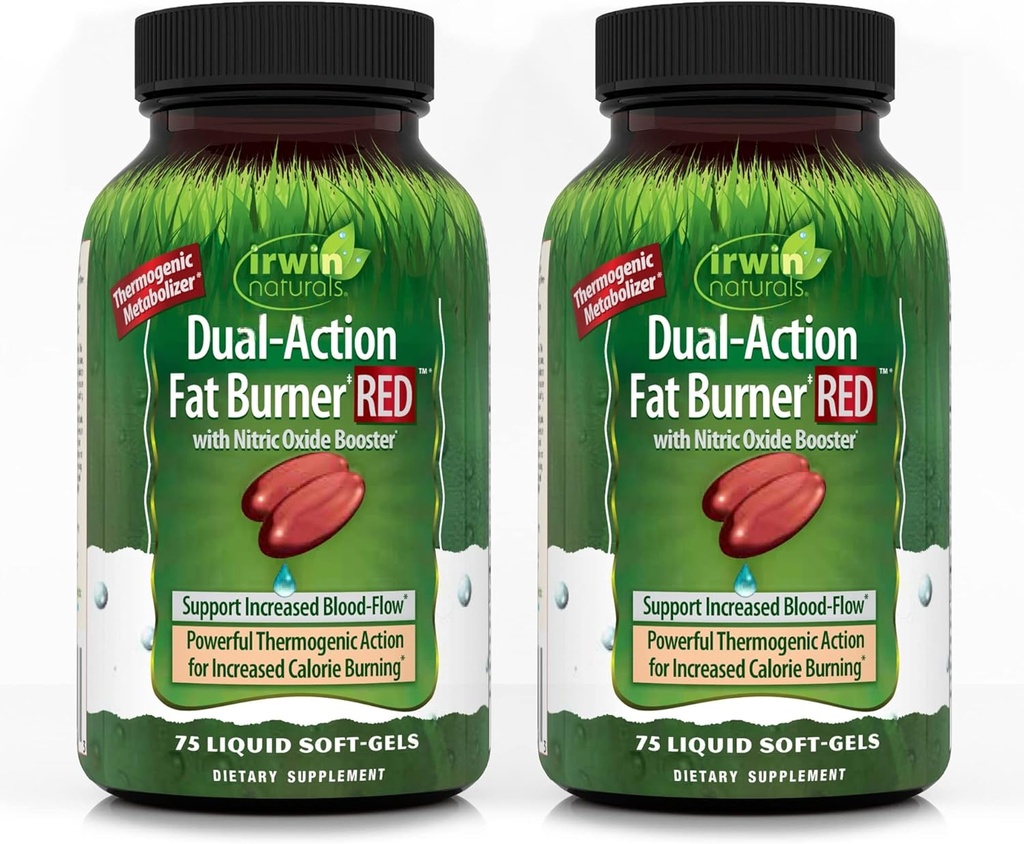 Irwin Naturals Dual-Action Fat Burner RED - 75 액체 Soft-Gels, 2 팩 - Nitric Oxide Booster와 강력한 Thermogenic - 50 총 서빙