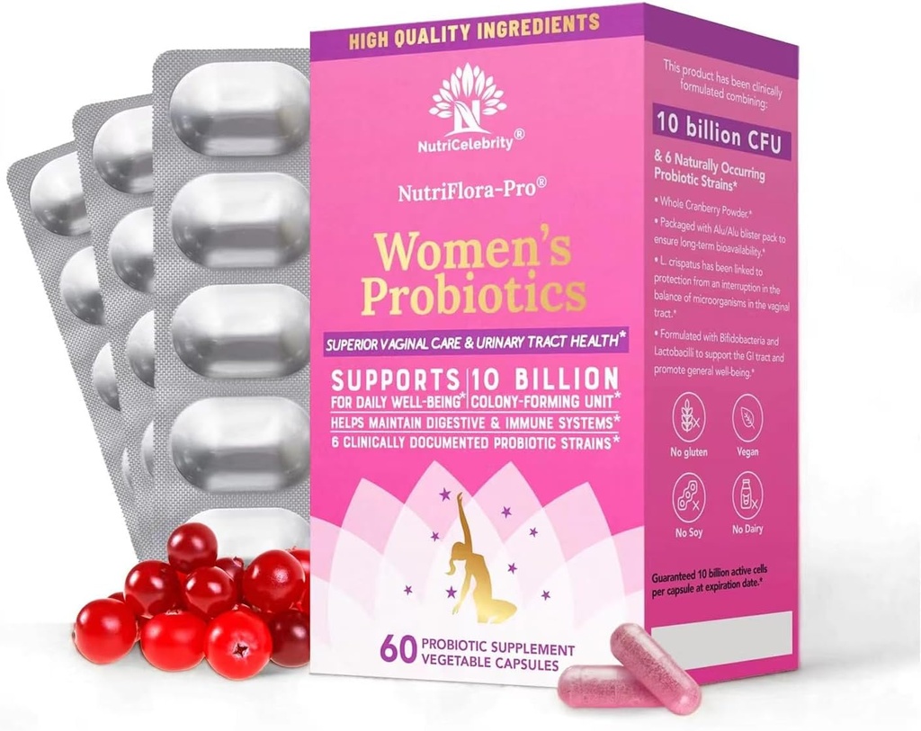 Nutricelebrity NutriFlora-Pro Probiotics for Women - Vaginal, Urinary Health, Immune System Digestive System Support, Cranberry Pills Supplement, 10 억 CFU 6 Strains (30 Cap) - 2 팩