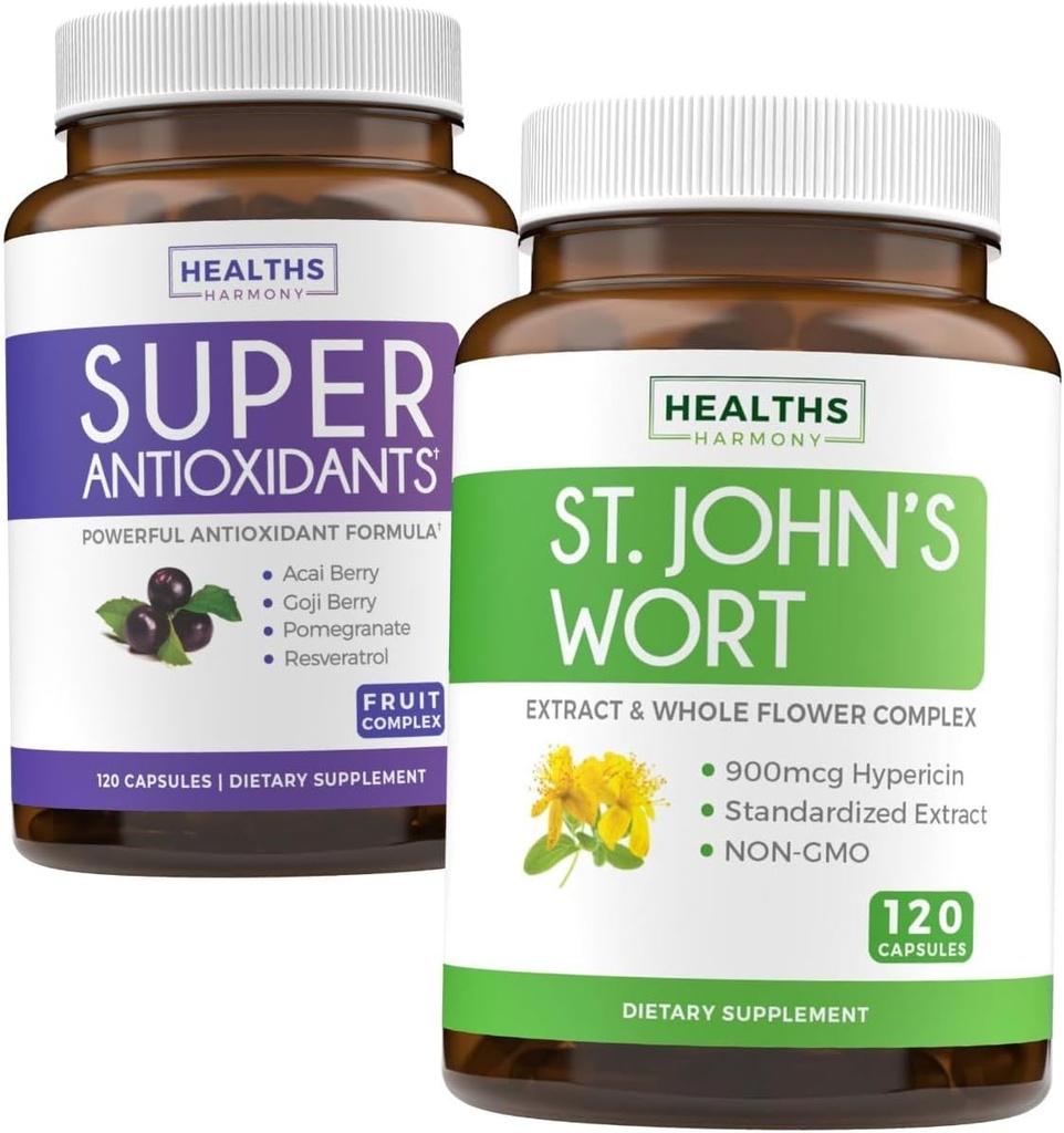 산화 방지제 & St. John 's Wort (2 개월 공급) Serenity Antioxidant Blend - Super Antioxidants - 강력한 Super Food Daily Blend (120 모자) & St. John 's Wort - 강력한 9000mcg 추출물 (120 모자)