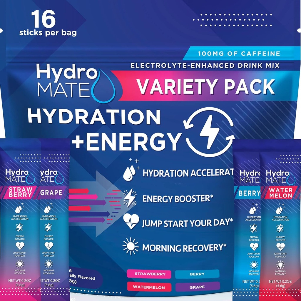 HydroMATE Electrolytes 분말 음료 혼합 소포 Hydration 가속기 급속한 회복 비타민 C 플러스 카페인 다양성 팩 16 지팡이를 위한 낮은 설탕 당 호의