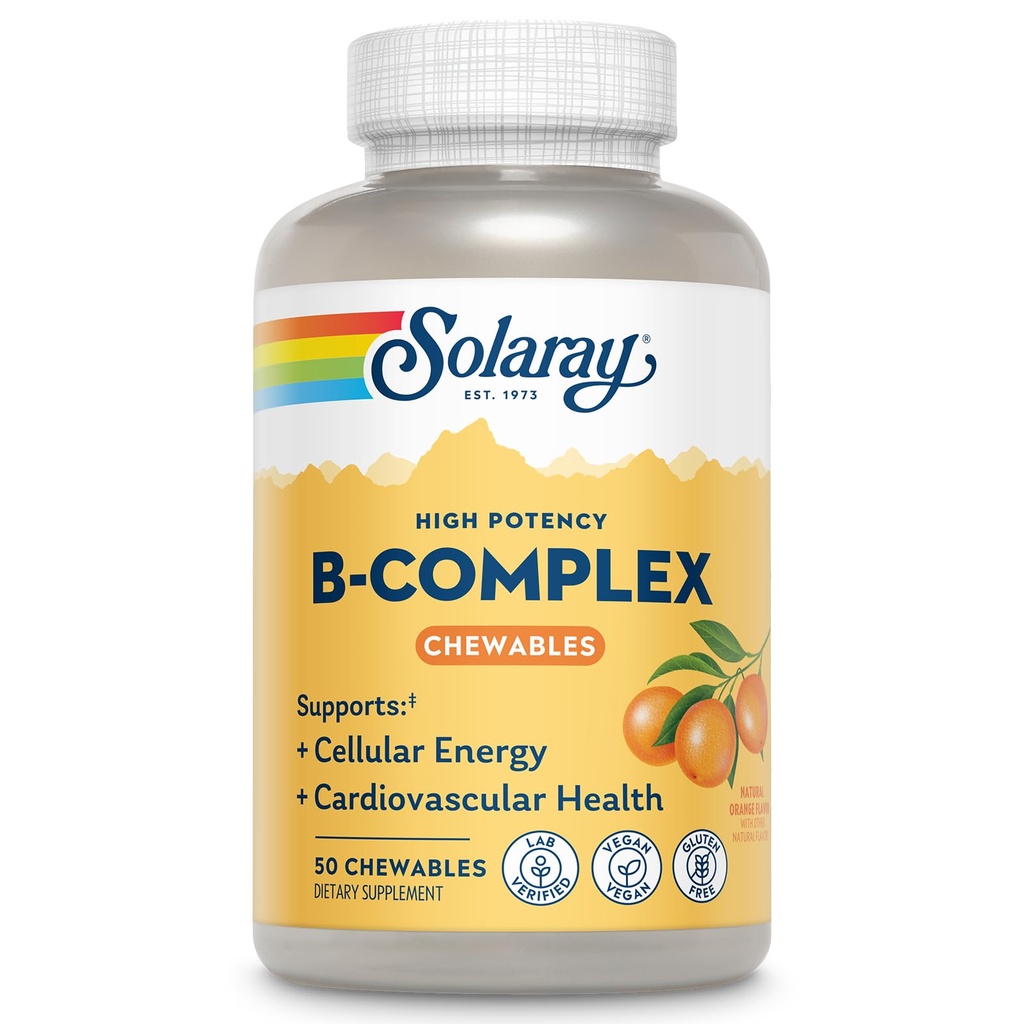 SOLARAY 비타민 B 복합 250mg 천연 오렌지 맛 | 건강한 모발, 피부, 면역 기능 및 대사 지원 | 실험실 검증 | 50 Chewable