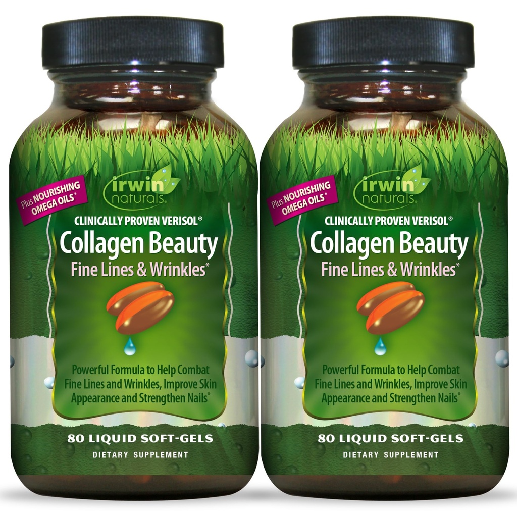 Irwin Naturals Collagen Beauty – 80 Liquid Soft-Gels – 고급 스킨, 헤어 & 네일 영양 - 2 팩