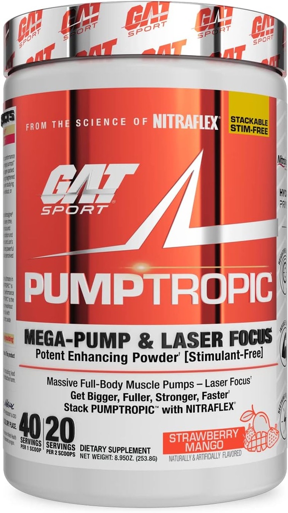 GAT 스포츠 Pumptropic 메가 펌프 & 레이저 초점 유력한 강화 분말 (Stimulant-Free), 40 서빙 (Strawberry Mango)