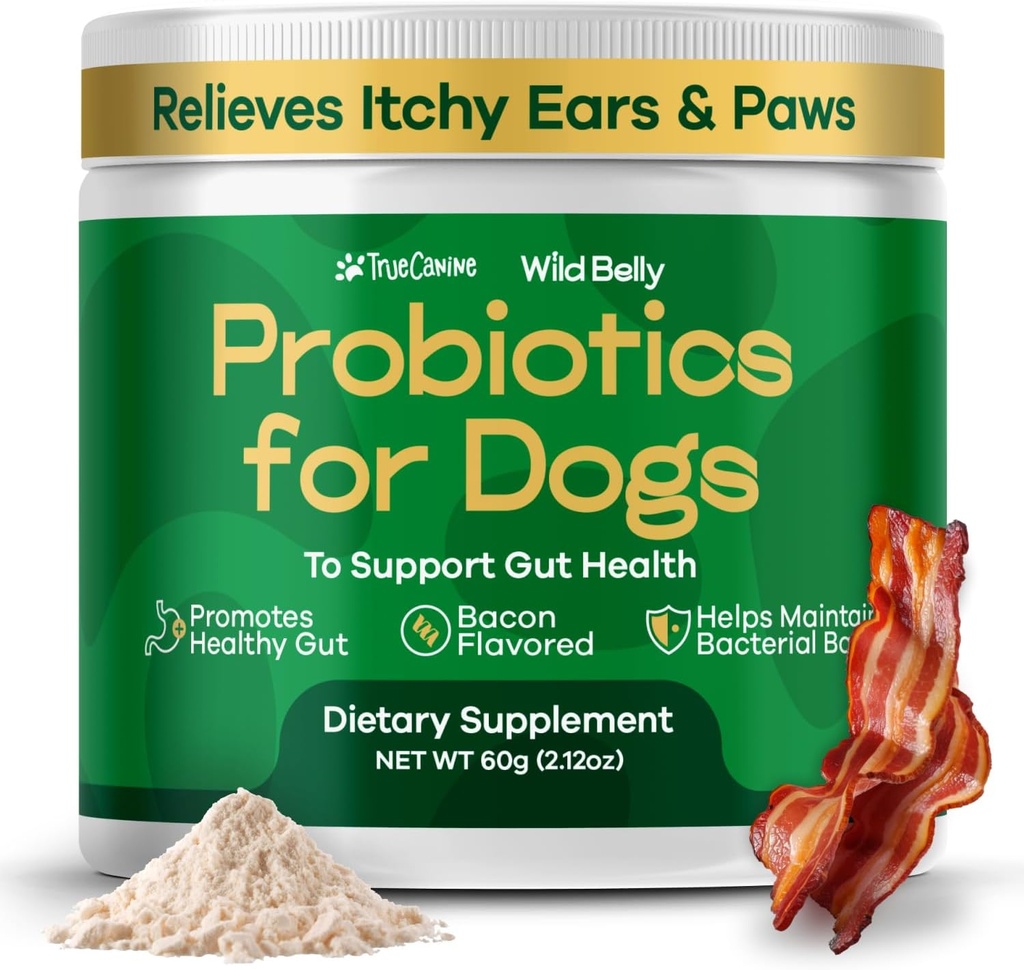 소화 건강을위한 개 Probiotics - 개 Gut 건강 및 알레르기 완화를위한 Probiotics - 개를위한 Probiotics - Yeast, Itchy Skin 및 Itchy Ears - Pet Chews에 분말 대안 - TrueCanine Wild Belly