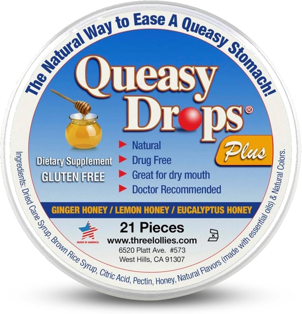 3 Lollies Queasy Drops Plus - Pectin & Honey와 함께 건조한 입 - Alleviate Nausea & Motion Sickness - 자연 - 21ct