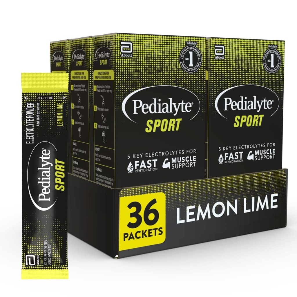 Pedialyte 스포츠 전해질 분말, 근육 지원을 위한 5개의 열쇠 Electrolytes를 가진 빠른 Hydration, 도중 & 운동 후에, 레몬 Lime, 0.49-oz 소포 (36 조사)