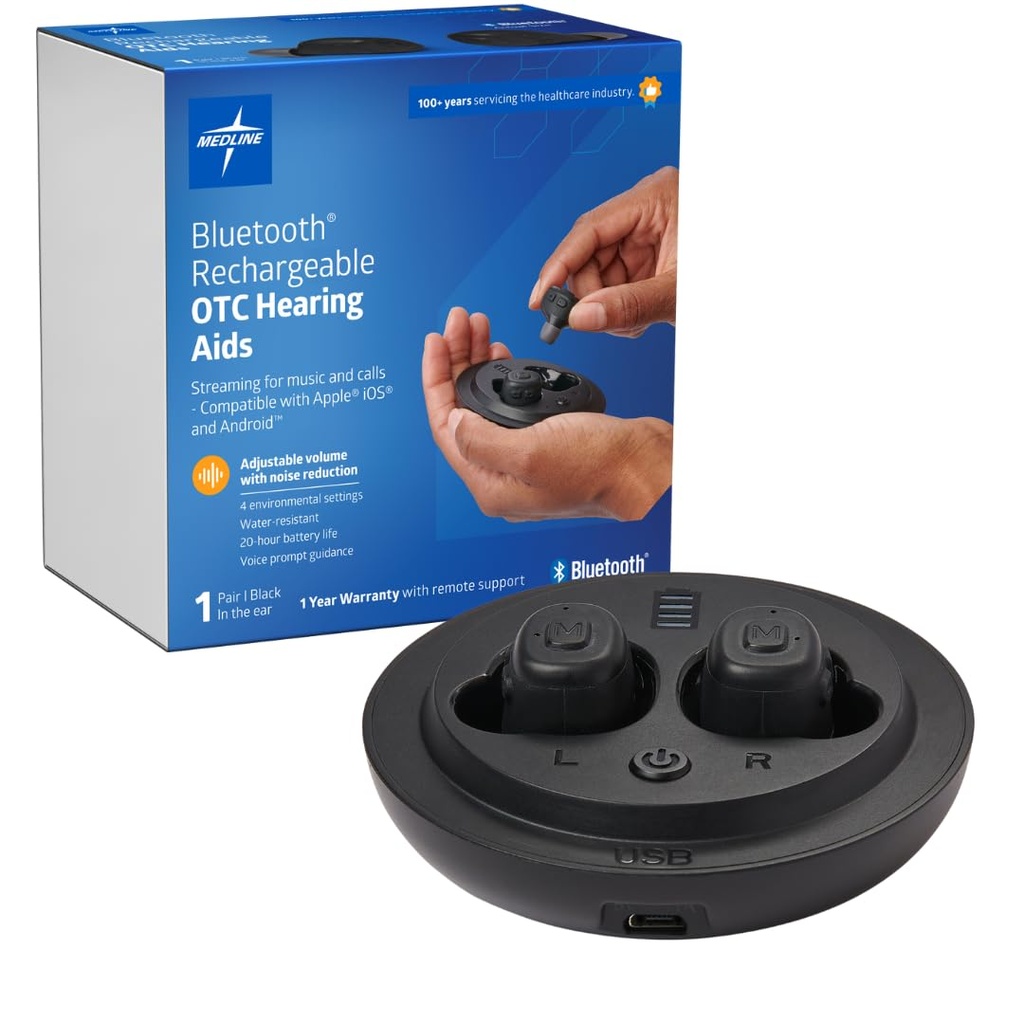 Medline Bluetooth 재충전용 OTC 보청기, in-Ear의 4 환경 조정, 물 저항하는, 조정가능한 양, 모세관 Hearing 손실, 소음 감소, Earbud 보청기에 온화한