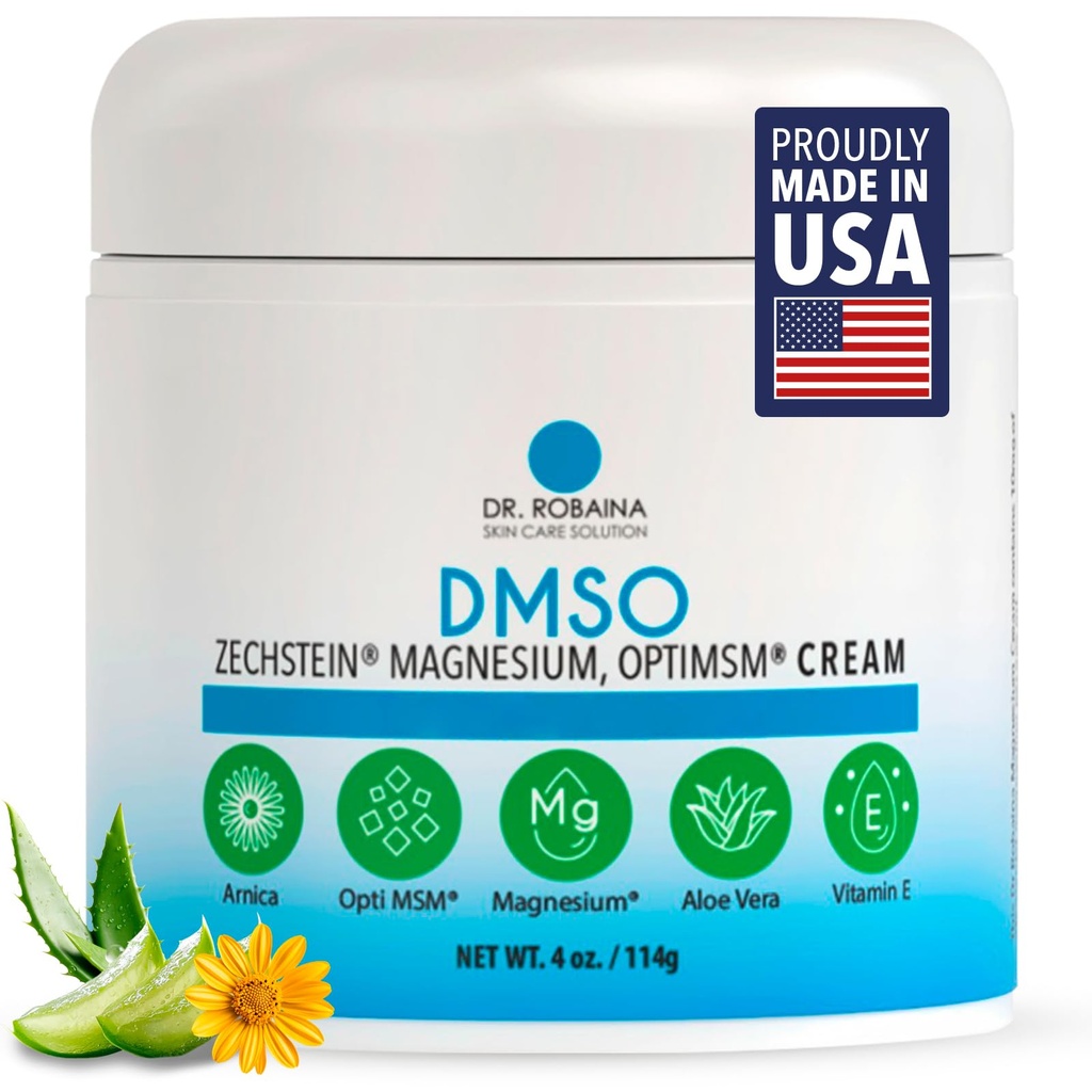 Dr. Robaina DMSO 크림 - 99.9% 순수한 약제 급료 | Zechstein 마그네슘, Arnica, Aloe Vera, 비타민 E를 가진 피부 안전 공식 | 4개 oz | 미국에서 만드는