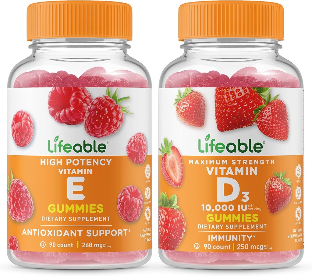 Lifeable Vitamin E + 비타민 D 10000 IU, Gummies 번들 - 훌륭한 타스팅, 비타민 보충, 글루텐 무료, GMO 무료, Chewable Gummy