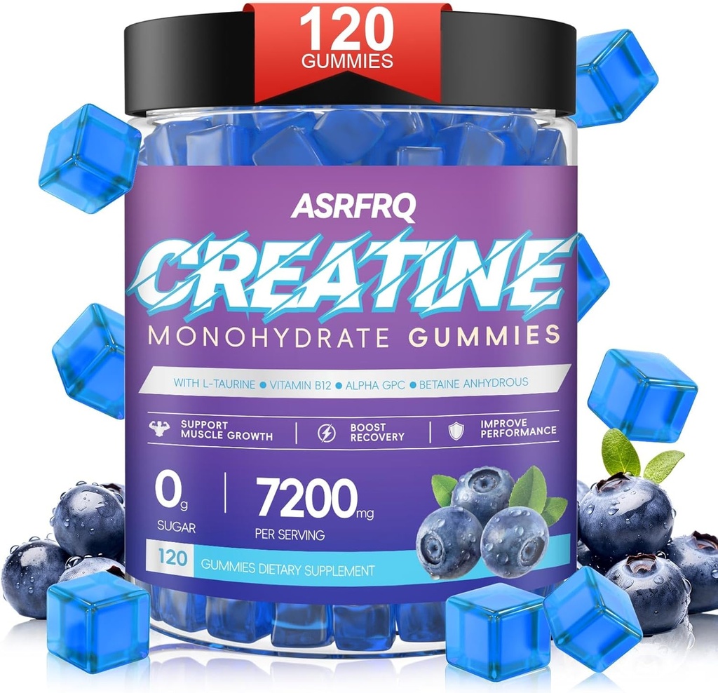 남성 & 여성 120 CT를 위한 크레아틴 Monohydrate Gummies - 서빙 당 크레아틴 Monohydrate의 7200mg, 근육 지원 & 에너지 부스트를 위한 Chewable Creatine Monohydrate, 설탕 자유로운, Vegan (BlueberryFlavor)