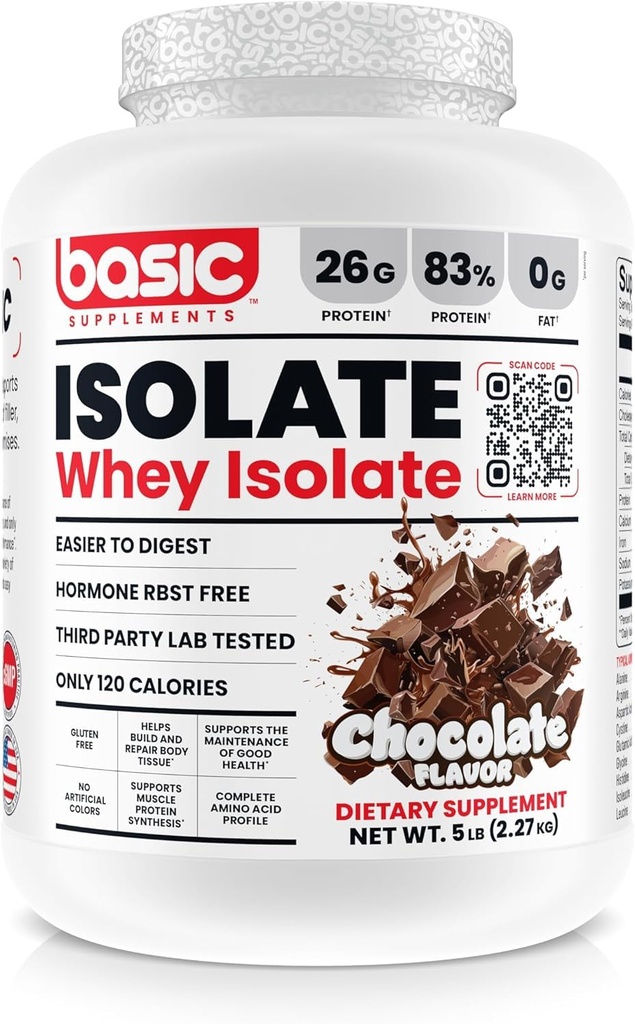 기본 Whey Protein Isolate, 26g Protein, 0g Fat, Gluten-Free, RBST-Free, Rapid Absorption, 120 칼로리 (5 파운드, 초콜릿)