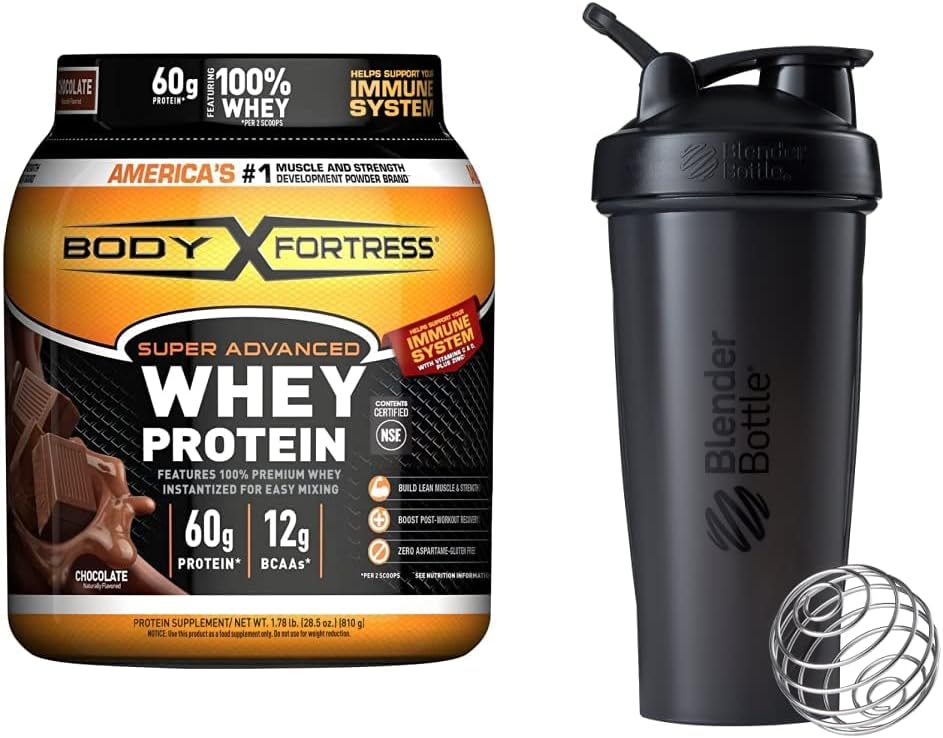 Body Fortress Super Advanced Whey Protein Powder, 초콜릿 (1.78 파운드) 및 BlenderBottle Classic Shaker Bottle (28 oz), 블랙