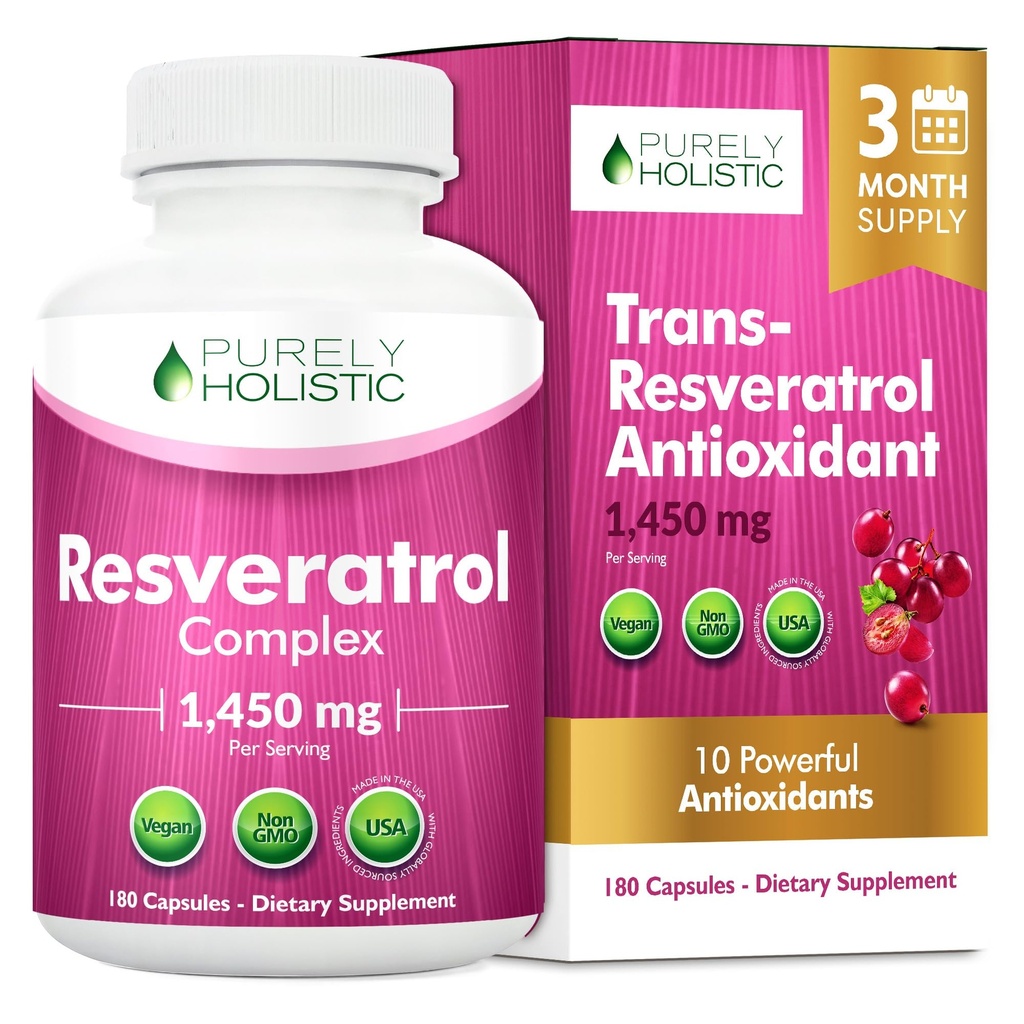Purely Holistic Resveratrol 1450mg, 90의 서빙, 비타민 C와 폴리페놀 복합체, 180 Vegan 캡슐을 가진 Trans-Resveratrol 산화 방지제 보충교재