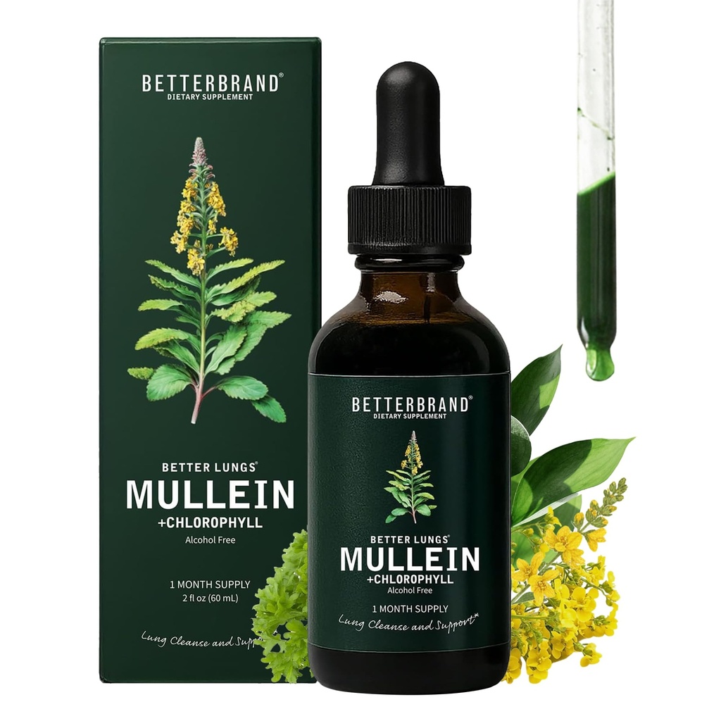 Lung Detox 용 Betterbrand Mullein Drops - Chlorophyll가있는 Mullein Leaf Tincture - 지원 호흡 건강, 알코올 무료, 1 개월 공급 - 60ml