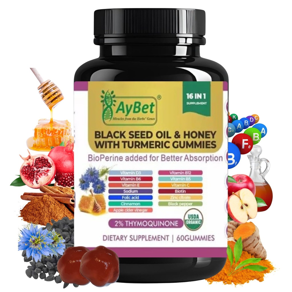 BioPerine, Apple Cider Vinegar, Biotin, 아연 및 비타민 C D3 B12 - Immune, Detox, Energy & Hair Skin Nails Support - 60 Vegan, Halal, Organic Gummies가있는 검은 씨앗 오일 및 꿀