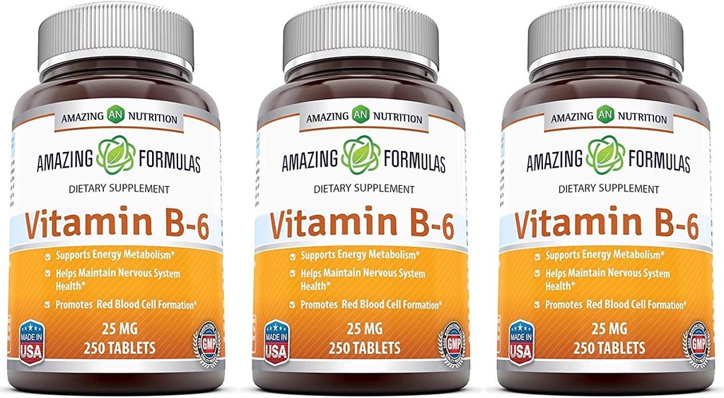 놀랄만한 수식 비타민 B6 Pyridoxine 25mg 250 정제 보충교재 | Non-GMO | 글루텐 프리 | 미국제(3 팩)