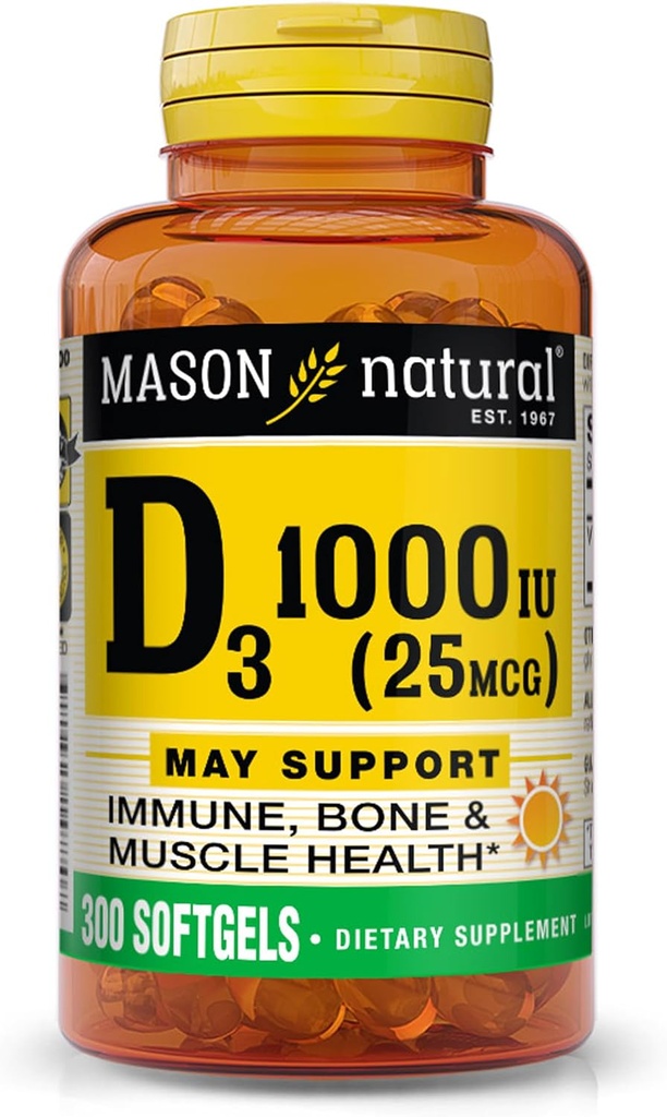 MASON NATURAL 비타민 D3 25 mcg (1000 IU), 지원 전반적인 건강, 힘 뼈와 근육, 물고기 간장 기름에서, 300 Softgels