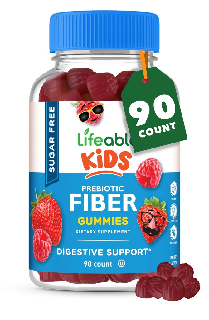 Lifeable Sugar Free Prebiotic Kids Fiber Gummies | 4g Fiber for Kids | 아이를 위한 훌륭한 타스팅 채식 섬유 보조제 | 소화 건강 | 어린이용 섬유 구미 | 90 Probiotics Gummies