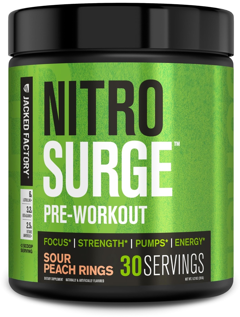 Jacked Factory NITROSURGE Pre Workout Supplement - Endless Energy, Instant Strength Gains, Clear Focus, Intense Pumps - NO 부스터 및 강력한 Preworkout Energy Powder - 30 서빙, Sour Peach Rings