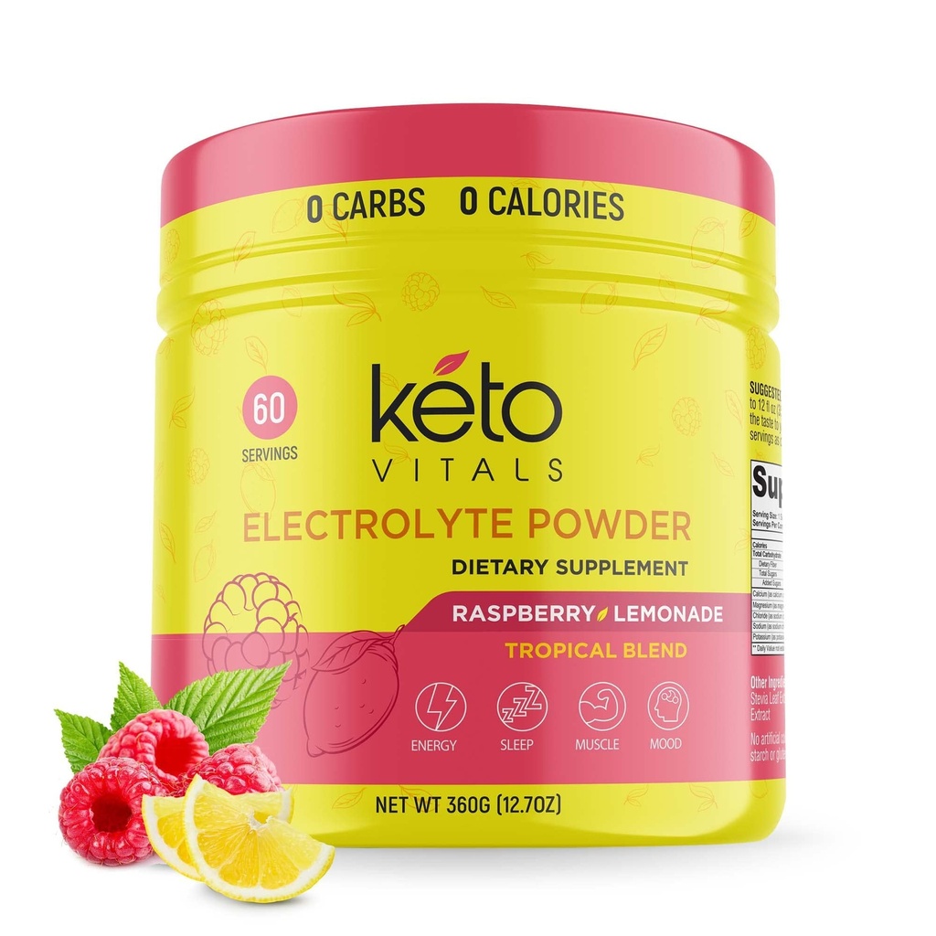 Keto Vitals Electrolytes 분말 - 설탕 무료 Keto 칼륨, 마그네슘, 나트륨, & 칼슘과 전자 lytes 분말 - 설탕 Electrolyte 음료 혼합 & Hydration 분말, 60 서빙, 라즈베리 레몬