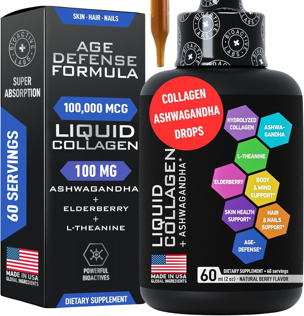 Calming Ashwagandha - 100,000mcg Bovine Collagen 음료, Radiant 피부, 머리, 못 및 면역 지원을위한 100mg Ashwagandha 액체 - 2oz Berry 풍미 드롭