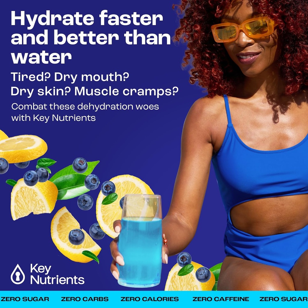 KEY NUTRIENTS Multivitamin Electrolytes Powder Packets - 맛있는 Blueberry Lemonade 40 Pack Hydration Packets - 여행 Hydration Powder - 설탕 없음, 칼로리 없음, 글루텐 무료 - 미국에서 만든
