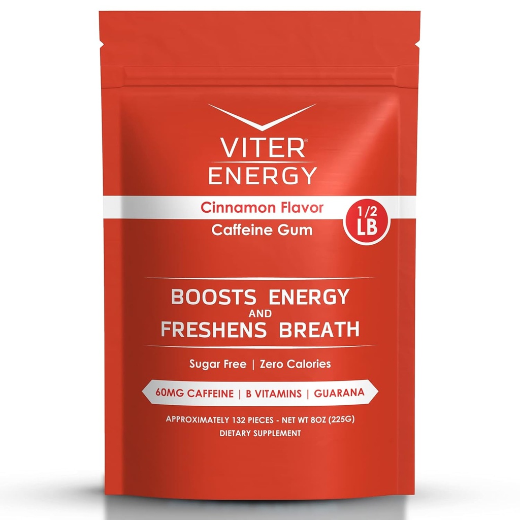 Viter Energy Caffeinated Gum 60mg 카페인, B 비타민, 과라나, 설탕 무료. (Cinnamon, 8oz, 대량 가방)