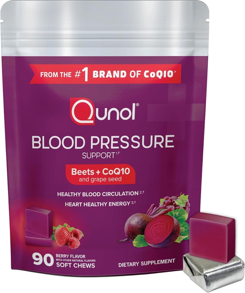 혈압 지원을 위한 Qunol Beets Chews, 1개의 베레에 대하여 3 + CoQ10 + 포도씨 추출물, 지원 건강한 혈액 순환 & 심장 건강한 에너지, 90 Chews