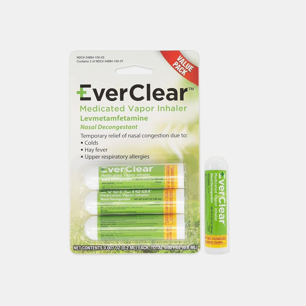 EverClear Medicated Vapor Inhaler, 콜드 용 Nasal Decongestant, Hay Fever, & Upper Respiratory 알레르기, 0.2 ml, 3 팩