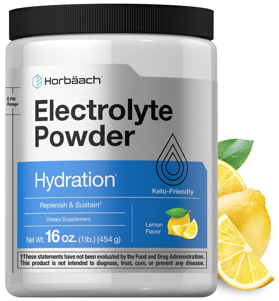Horbäach Electrolytes Powder | 16 oz | 130 서빙 | 히드라이즈 보충 | 채식 | 케토-Friendly | Non-GMO, 글루텐 프리 포뮬러 | 레몬 맛
