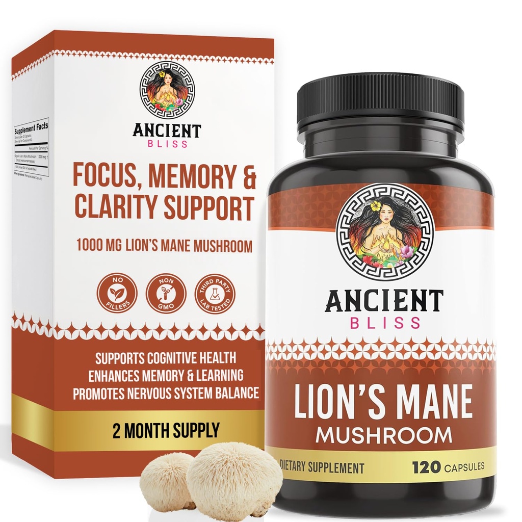 고대 블리스 라이온의 Mane 보충 (2 개월 공급) - 120 Vegan Mushroom 캡슐 - 5 월 Mental Clarity, Energy & May Focus- Memory & Immune Support Mushroom 보충 지원