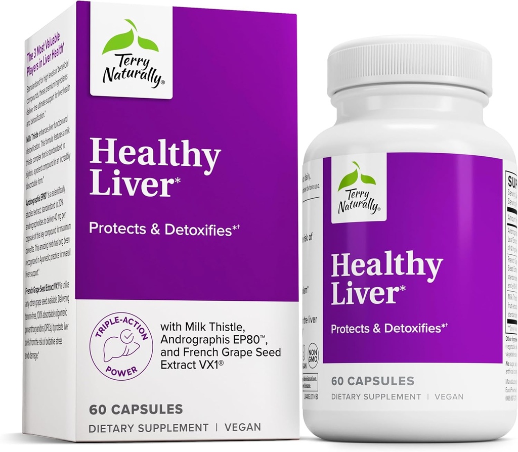 Terry Naturally Healthy Liver - Liver Function & Health Support 보충 - Andrographis EP80 및 French Grape Seed Extract와 세포 건강 지원 - 글루텐 프리 다이어트 보충 - 60 캡슐