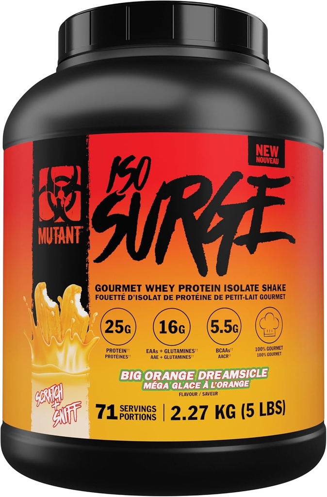 Mutant ISO Surge Whey Protein Isolate Powder Acts 빠른 복구, 근육 구축, 대량 및 강도 (5 파운드, 큰 오렌지 크림)