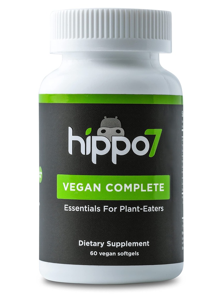 Hippo7 Vegan 완전한 Multivitamin 비타민 B12, 비타민 D, Omega-3 DHA+EPA, 칼슘, 이오민, 아연 & 철. (1개의 병, 60 Softgels)